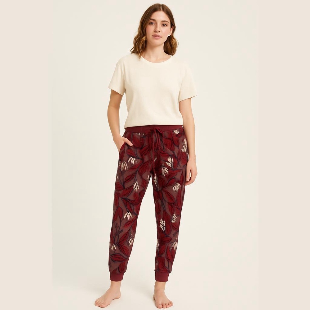 AnyBody Mauve Berry Tropical Cozy Knit Floral Jogger Lounge Pants Size XXS NWOT